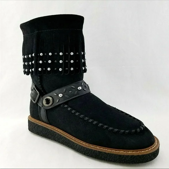 COACH ROCCASIN Black Fringe Silver Studded Suede Shearling Moccasin Boots NWOT 7 - Picture 2 of 15